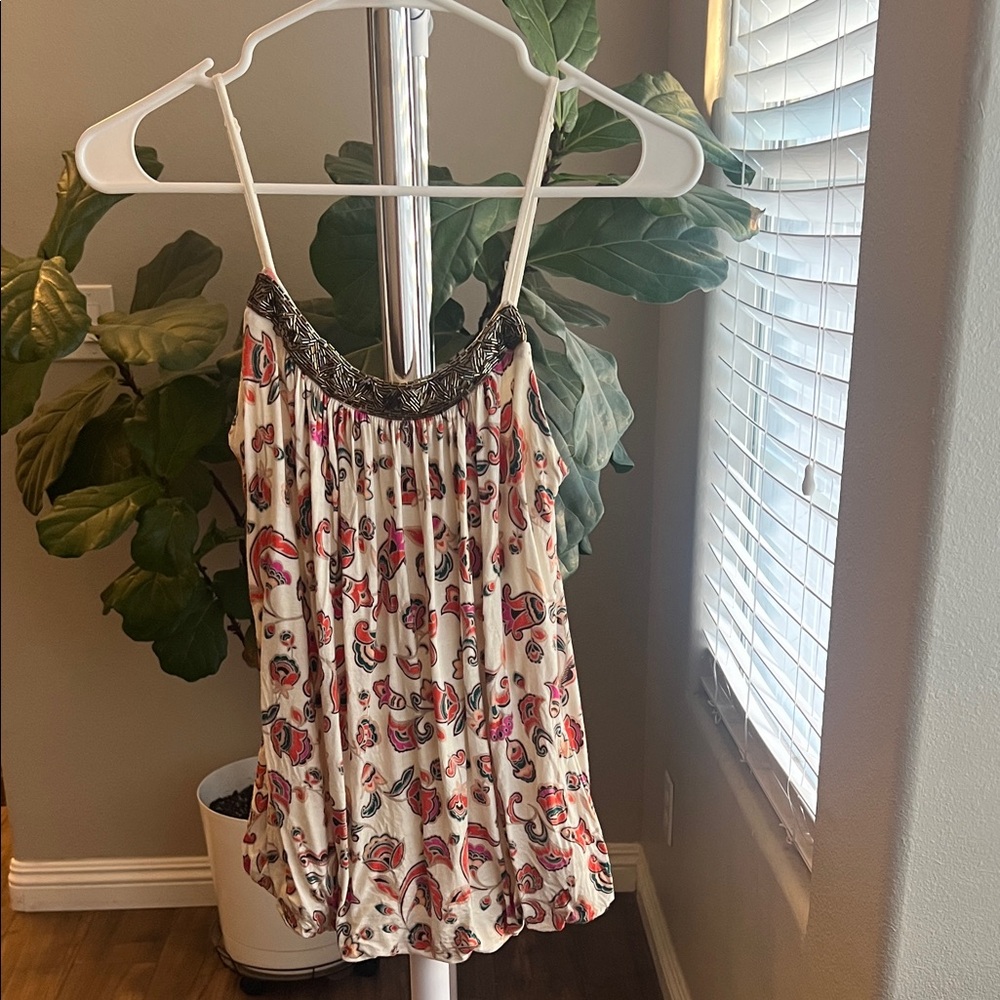 Candie's Sequined Floral Print Tank Top with Pink and Cream Design